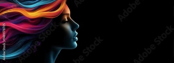 Fototapeta A woman's face with colorful waves flowing from her hair, creating an abstract and artistic