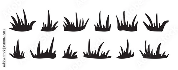 Fototapeta Grass bush icon, meadow doodle, tuft, small lawn, sketch plant set. Black silhouettes isolated on white bg. Thicket, park hand drawn border. Floral divider flat design. Nature vector illustration