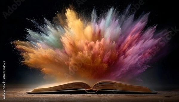 Obraz An open book with colorful powder exploding from it, symbolizing the power of words and