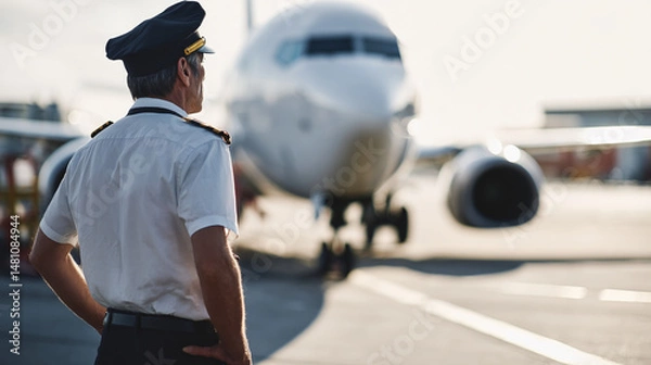 Fototapeta Pilot thoroughly inspecting airplane exterior cockpit checklist safety