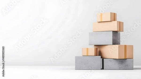 Fototapeta Stacked Cardboard Boxes on Concrete Blocks Against White Background