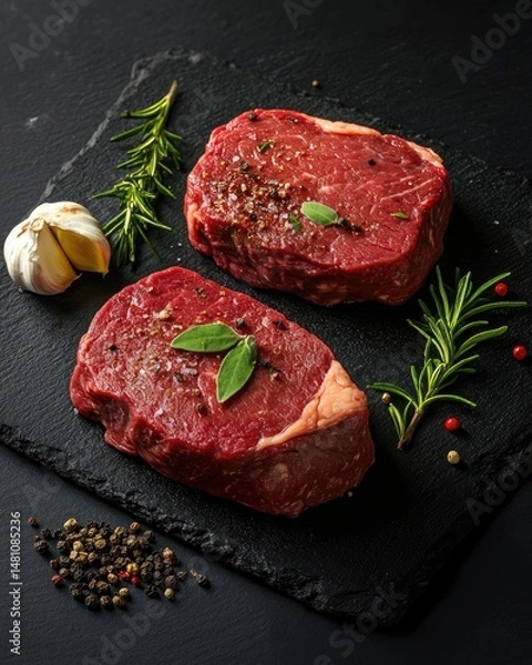 Fototapeta Two raw beef steaks, ready for grilling, with fresh herbs and garlic, placed on a black slate board
