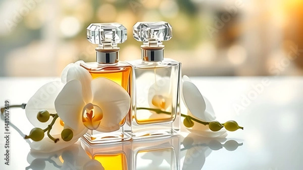 Obraz Luxury Floral Perfume Bottle with White Orchids on Elegant Background