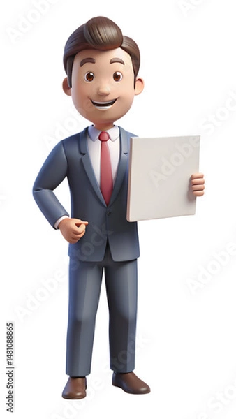 Obraz Businessman Presenting Blank Sign: 3D Illustration for Customizable Message