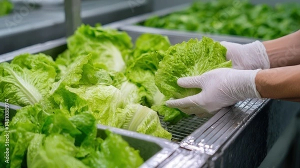 Fototapeta Hands sorting fresh green lettuce in a factory setting.