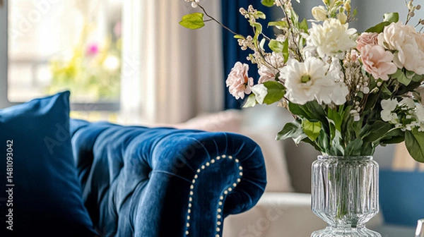 Fototapeta Refined English interiors with soft neutral tones, botanical art, fresh florals, classic panelled walls, and elegant furnishings for a feminine yet timeless home atmosphere