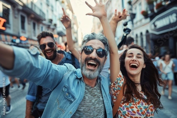 Fototapeta Hipster man taking selfie with his friends in the city.