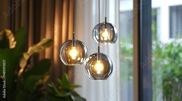 Fototapeta Elegant Smoked Glass Pendant Lights Modern Home Interior Design Three Hanging Lamps Stylish Lighting Fixture Warm Light Bulbs Bright Room Decor       
