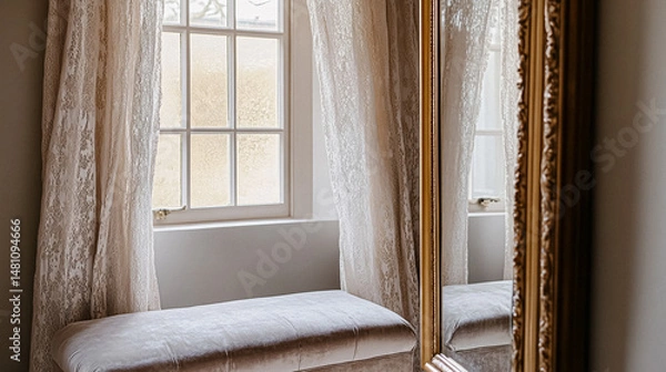 Fototapeta Refined English interiors with soft neutral tones, botanical art, fresh florals, classic panelled walls, and elegant furnishings for a feminine yet timeless home atmosphere