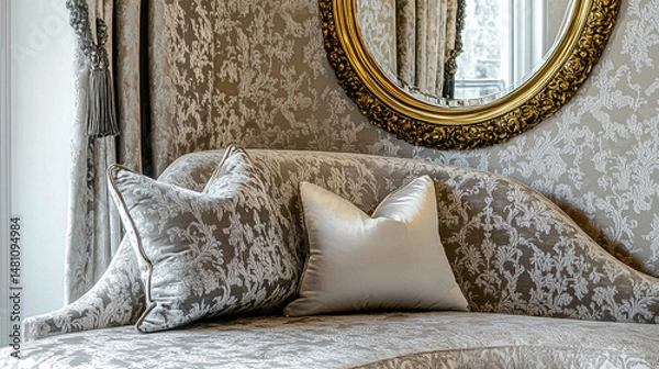 Fototapeta Refined English interiors with soft neutral tones, botanical art, fresh florals, classic panelled walls, and elegant furnishings for a feminine yet timeless home atmosphere