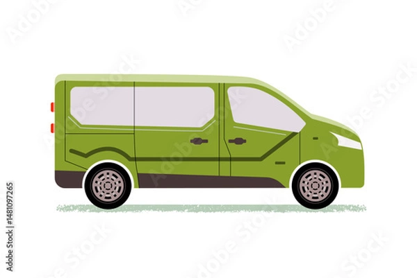 Obraz Vector modern minivan with sliding doors. Family, tourist car, city minibus, work transport of plumber, chimney sweep, painter, electrician, repairman. Cute illustration isolated on white background.