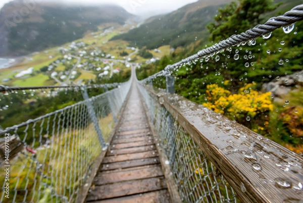 Fototapeta low angle photograph of a rain-soaked suspension bridge glistening in the dim light of a cloudy day, raindrops visible on the wooden planks and railings,