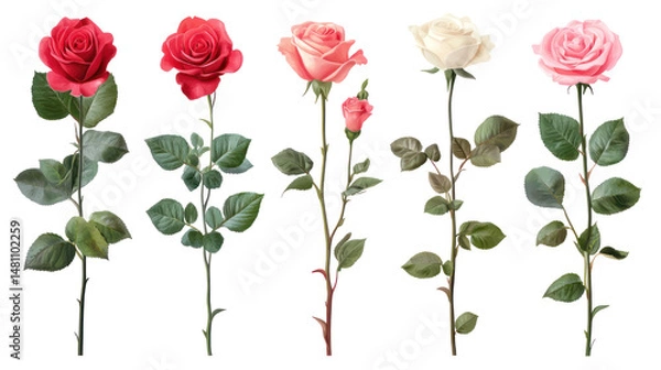 Fototapeta Collection of Pink, Red, and Cream Rose Stalks Isolated on Transparent Background

