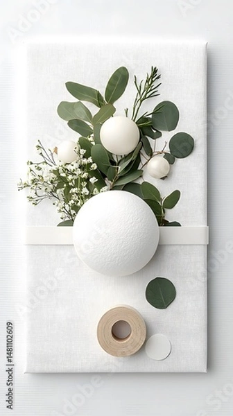 Obraz White Bath Bomb with Eucalyptus and Flowers on White Background