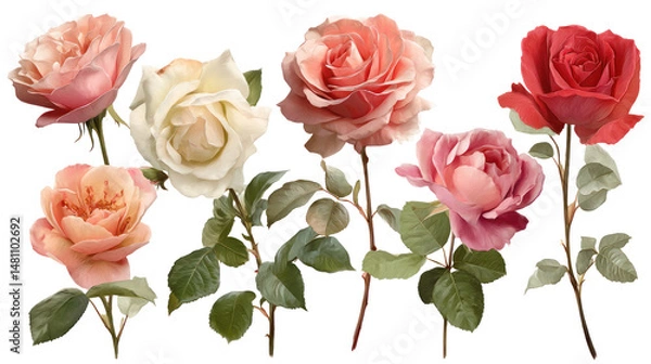 Fototapeta Collection of Pink, Red, and Cream Rose Stalks Isolated on Transparent Background


