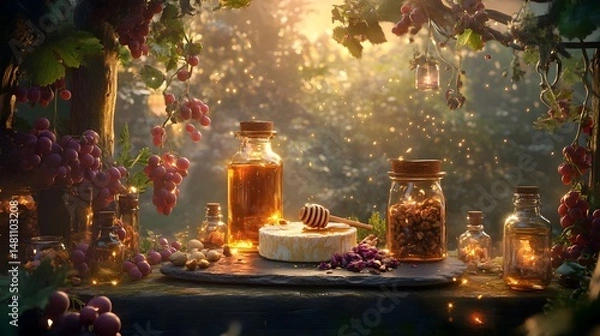 Fototapeta Elegant Cheese Platter with Honey and Nuts on Slate in Nature