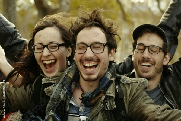 Fototapeta Group of friends laughing and having fun in the autumn park. Focus on the man
