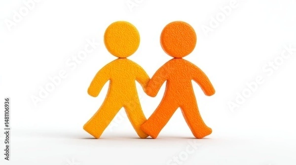 Fototapeta Two Orange Figures Walking Hand in Hand Symbol of Unity Partnership and Collaboration for Bu