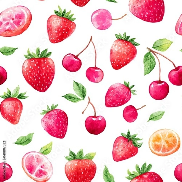 Fototapeta cute watercolor seamless pattern of strawberries and cherries in red and pink tones, hand-drawn fruit design on white background