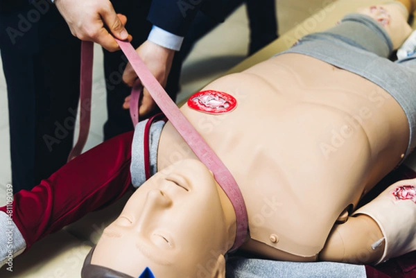 Fototapeta First aid training course with dummy, CPR emergency reanimation procedure on mannequin, instructor demonstrating medical training with doll, chest compression and applying bandage and tourniquet