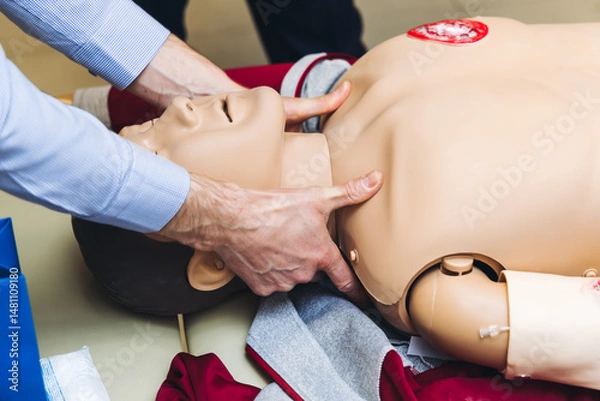 Fototapeta First aid training course with dummy, CPR emergency reanimation procedure on mannequin, instructor demonstrating medical training with doll, chest compression and applying bandage and tourniquet