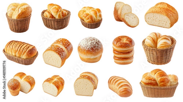 Obraz White Bread Bun, Loaf, and Slice Set Isolated on Transparent Background

