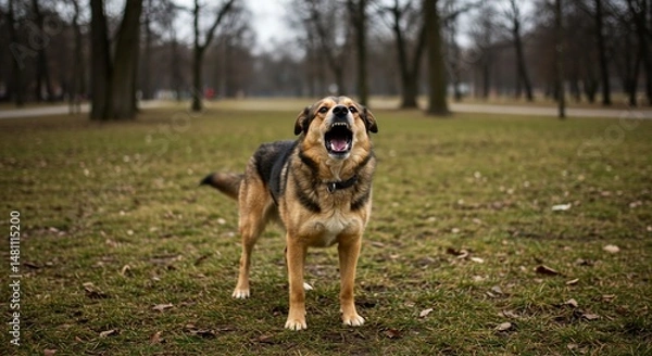 Fototapeta Dog barks fiercely in park
