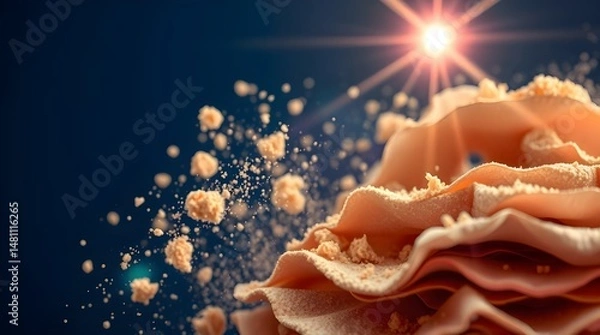 Fototapeta Layered papier-mâché close-up shot with a bright lens flare, featuring beige powder particles in motion against a dark blue background. Light streaks highlight vibrant colors and detailed sculpted 