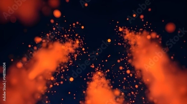 Fototapeta Low angle perspective glowing bioluminescent colors, featuring beige powder particles in motion against a dark blue background. Natural light effects create a vibrant glow with a dramatic upward 