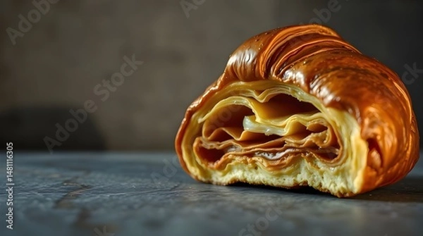 Fototapeta Low-angle perspective of a buttery flaky croissant with golden brown layers, cast bronze surface, antique patina finish, dramatic lighting, textured surface