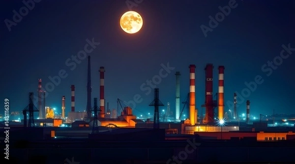 Fototapeta Precise architectural color photograph of Purple Industrial City at night under a full moon warm terracotta and cool teal, sharp lines, detailed structures, wide angle, earthy and cool contrast 