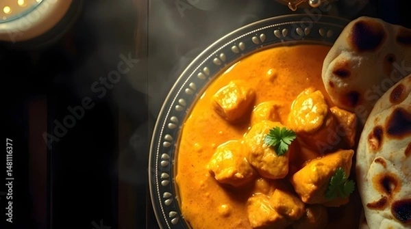 Fototapeta Overhead bird’s eye view, volumetric lighting illuminates a closeup of buttery chicken curry and garlic naan, visible light beams through dust or fog, top-down perspective 