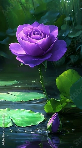Obraz Purple roses and green lotus flowers floating in the water, against a backdrop of green grass.