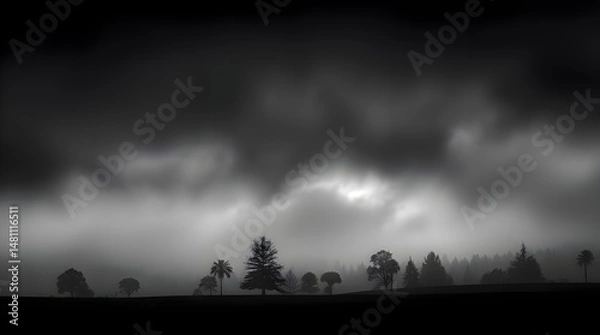 Fototapeta Smooth gradient transition, mystic enchanting monochrome landscape, silhouetted trees, stormy night sky, gentle color contrasts, dreamlike atmosphere, ethereal quality, seamless color blending