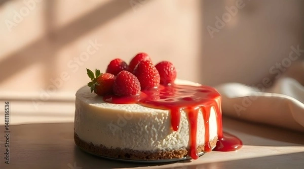Fototapeta Soft dreamy atmosphere Creamy Cheesecake with Strawberries and Raspberry Sauce, artistic lighting, abstract patterns, earth tones, browns, beiges, muted colors, hazy soft light, smooth transitions