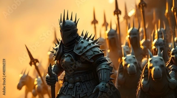 Fototapeta Sculptural clay art depicting a Dark Knight in spiked armor leading a fantasy army, illuminated by warm golden hour light, showcasing textured modeled shapes and soft light 