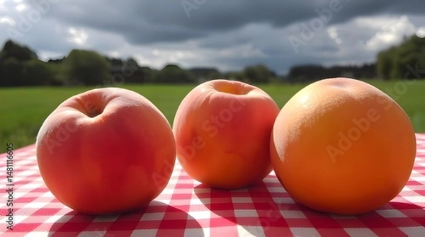 Fototapeta Three ripe peaches on a red and white checkered tablecloth in sunlight, ethereal spiritual vibe, light aura, mystical feeling, stormy skies, high tension
