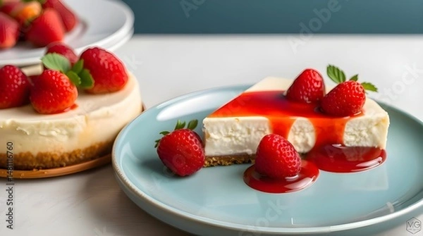 Fototapeta Warm terracotta and cool teal Creamy Cheesecake with Strawberries and Raspberry Sauce, earthy and cool contrast, elegant and refined, smooth surfaces, graceful presentation 