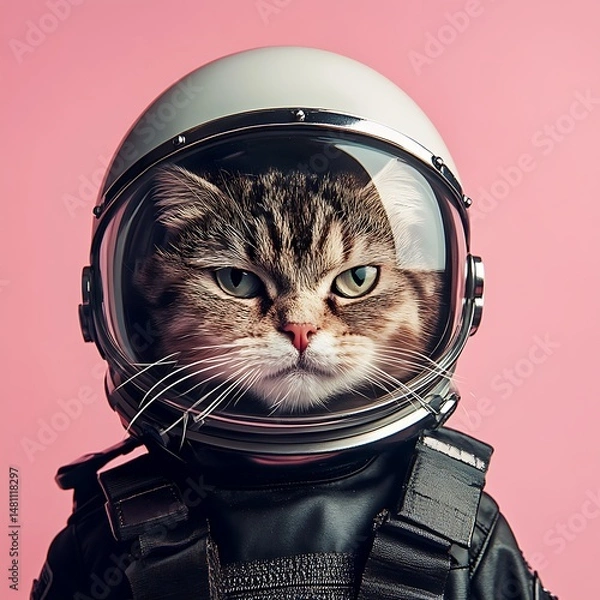 Obraz Original photo, pink background, cute cat wearing spacesuit helmet and frowning expression