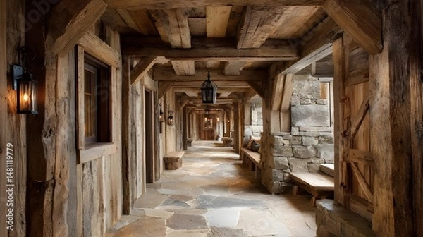 Fototapeta Wander through an empty rustic cabin corridor showcasing reclaimed timber walls and weathered lighting accents