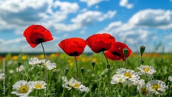 Obraz Red poppy plant in field with white flowers, red and green flowers, blurred background