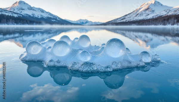 Fototapeta Ice bubbles floating on calm lake with mountains in winter  