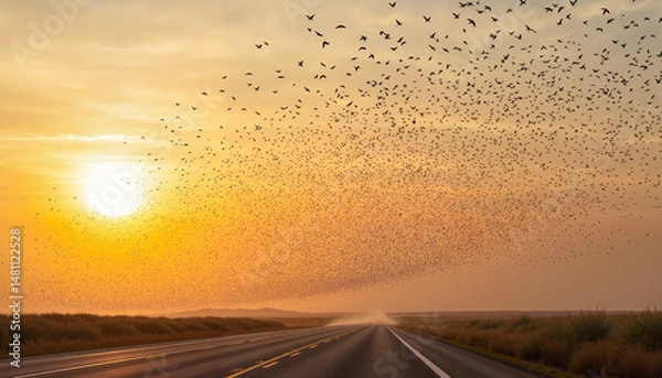 Fototapeta Flock of birds flying across highway at sunset with golden sky  