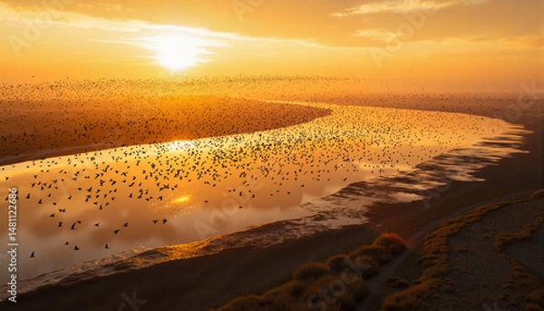 Fototapeta Sunset over river with flock of birds flying in golden sky  