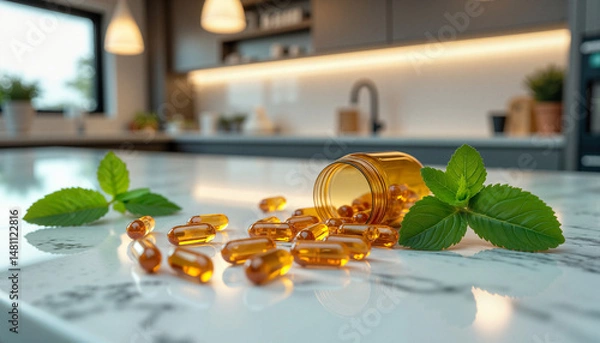 Fototapeta Vitamins and supplements spilled from jar on kitchen countertop with herbs  