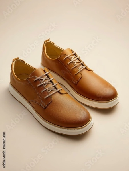 Fototapeta Product photograph showing a side view of a pair of men's casual outdoor shoes in a golden brown color with a white sole and beige upper, set against a plain background.