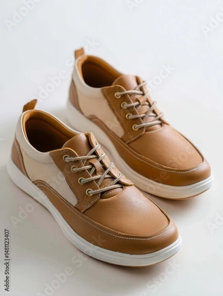 Fototapeta Product photograph showing a side view of a pair of men's casual outdoor shoes in a golden brown color with a white sole and beige upper, set against a plain background.