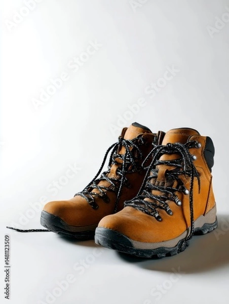 Fototapeta Hiking boots in a brown color with black laces and a dark beige sole, side view on a white background.