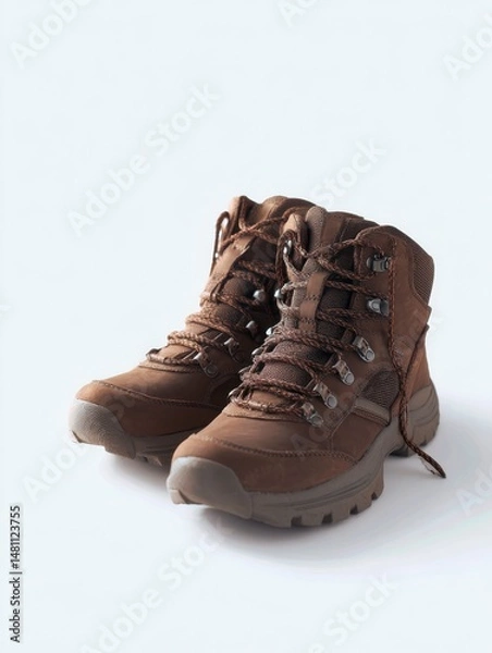 Fototapeta Brown hiking boots with dark brown laces, presented in a side view against a solid white background.
