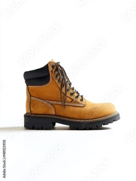 Fototapeta Side view of a tan and brown outdoor boot with a black sole, presented on a white background.